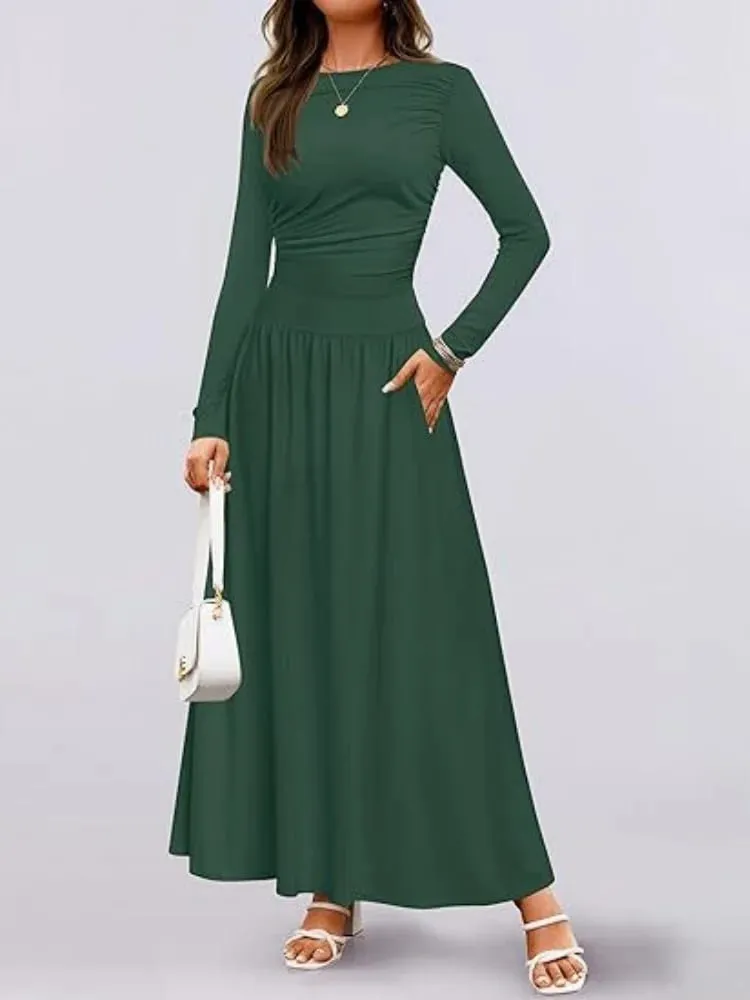 Autumn New Arrivals Women Long Sleeve Maxi Dress Comfortable Fit Ruched Detail Multi Color for Casual Everyday Wear