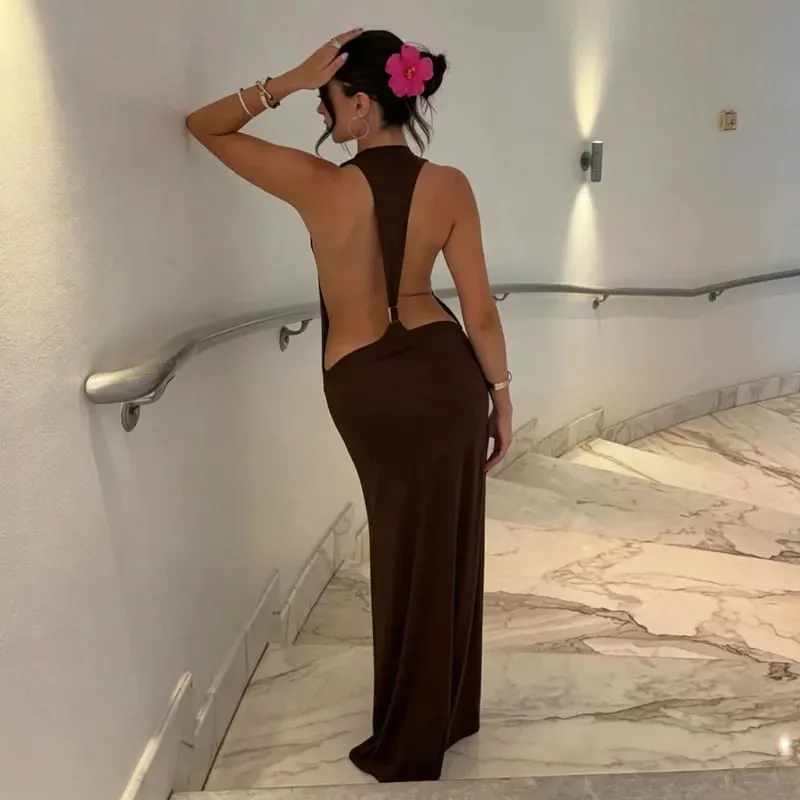 Tossy feminino halter sem costas bodycon maxi vestido aberto volta cinta de espaguete anel de ouro vestido de festa à noite verão praia vestido longo