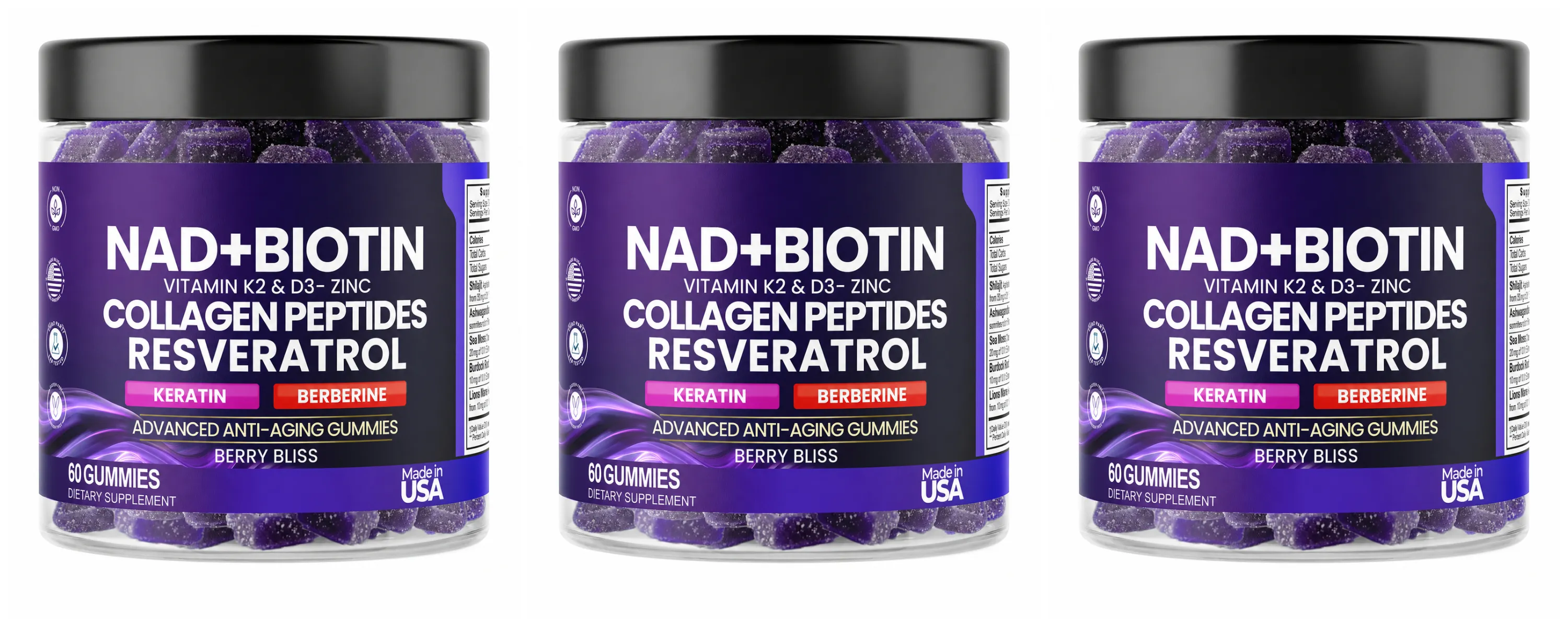 Biotin Collagen Gummies with NAD+ Resveratrol Vitamin D3 K2 Zinc Daily Beauty Wellness Supplement 60 Count Berry Flavor