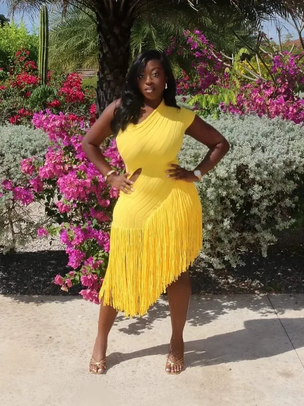 Fashion Yellow Knitted Irregular Dress Women Elegant Hollow Out Tassel Splicing Halter Sleeveless Vestido Summer Lady Club Gowns — image 8