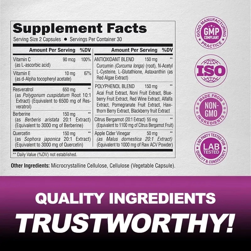 Resveratrol kapsler | Berberine | Quercetin | Æblecidereddike - antioxidant hjertesundhed og stofskifte - 60/120 kapsler
