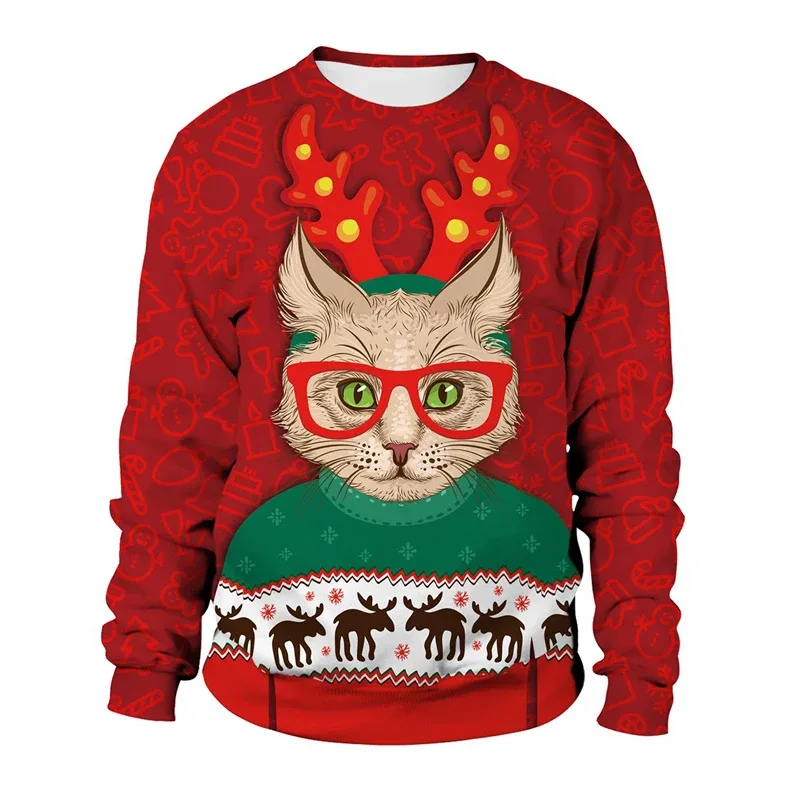 Funny 2026 Ugly Christmas Sweater For Men Women New Xmas Cat Dog Pattern Sweatshirt Festival Party Crew Neck Pullover Hoodies