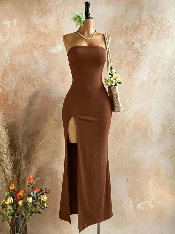 Robe mi-longue moulante sans bretelles pour femmes, haut tubulaire, fente latérale haute, couleur unie, noir, sans manches, coupe cintrée, longue robe de soirée