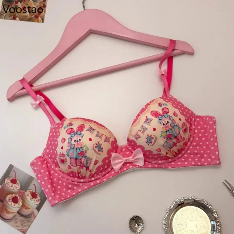 Japanese Sweet Lolita Style Women Cute Candy Rabbit Print Bra Panties Lingerie Set Girls Kawaii Underwear Panty Intimates Sets