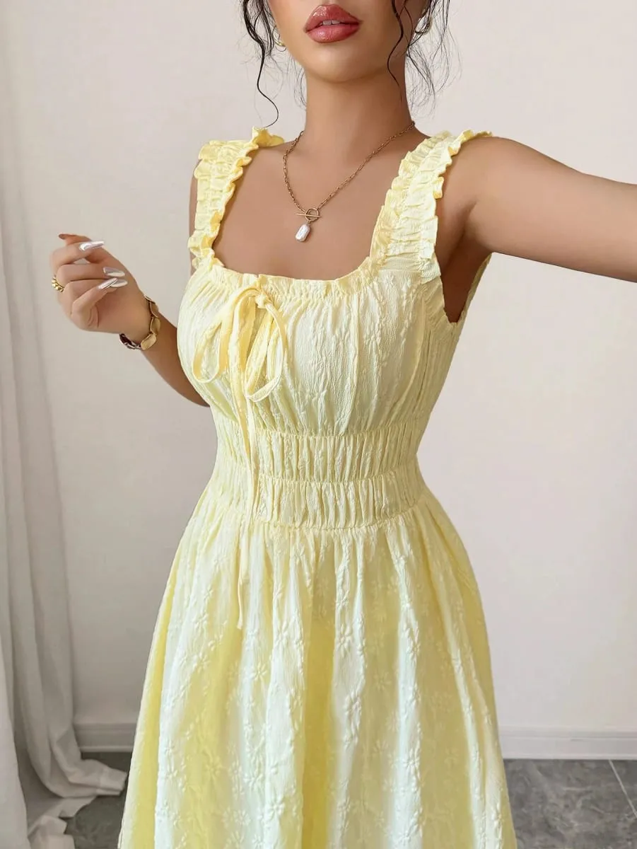 Vacation Essential Yellow Smocked Midi Dress Chic Beach Party Date Night Dress