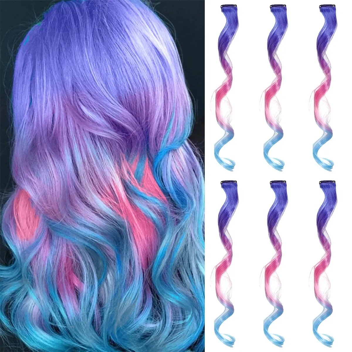 6PCS Ombre Clip In Hair Extensions Synthetic Body Wave Long Wavy Rainbow Highlight For Women Party Cosplay Festival Hair