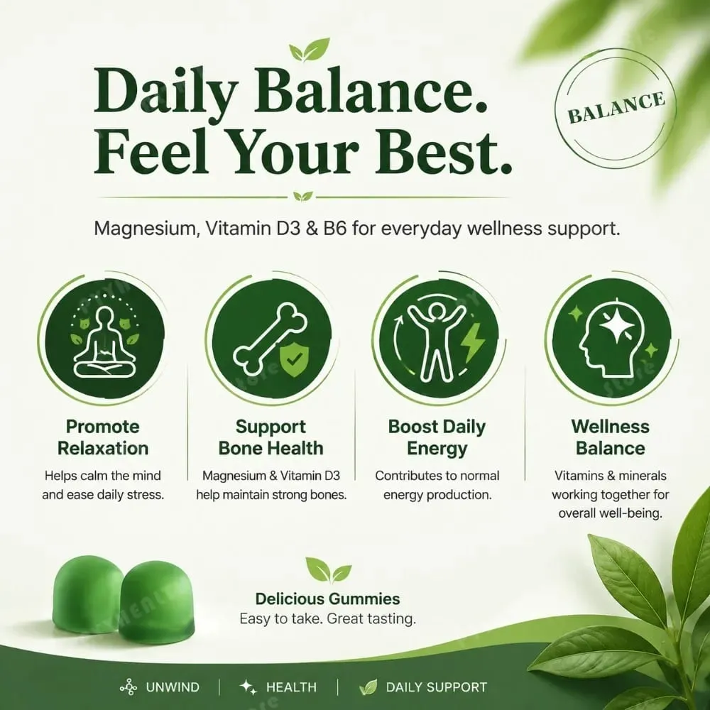 Docteat Magnesium Glycinate Gummies 500mg for Sleep & Stress Relief Bone Health with Vitamin D3 Calcium Citrate & B6 60 Count