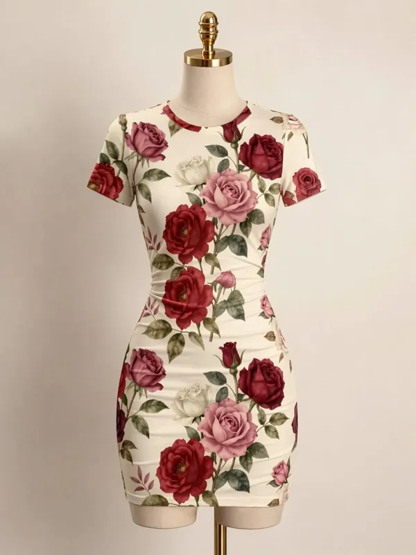 Γυναικείο κοντό μανίκι Μίνι φόρεμα Bodycon Slim Fit Crew Neck Floral print Casual καλοκαιρινό πάρτι Χαριτωμένο κομψό, απαλό Sundress για διακοπές