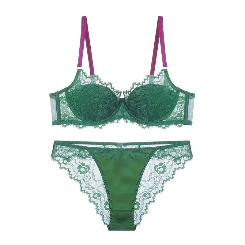 Sexy Lace Bralette & Panty Set with Push Up Steel Ring Large Size Thin Lingerie for Women