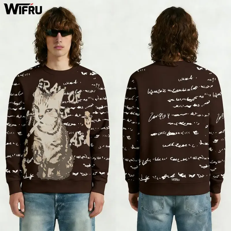 Vintage Cat Portrait English Letter Graphic Pullover WIFRU Harajuku Aesthetic Long Sleeve Crewneck Top Unisex Casual Streetwear — image 10