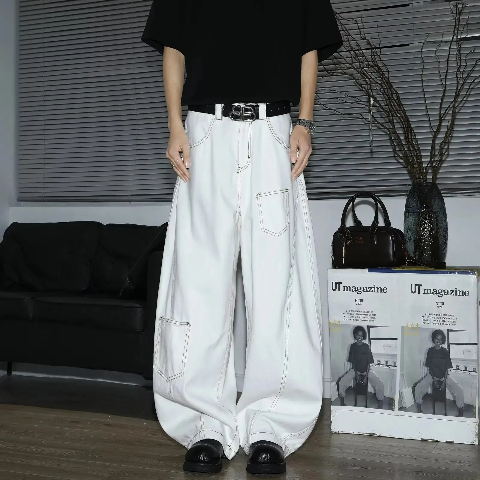 Y2K Men's Jeans White High-Waisted Wide-Leg Denim Pants Retro Baggy Style Fashion Loose Fit Casual Denim Trousers Streetwear