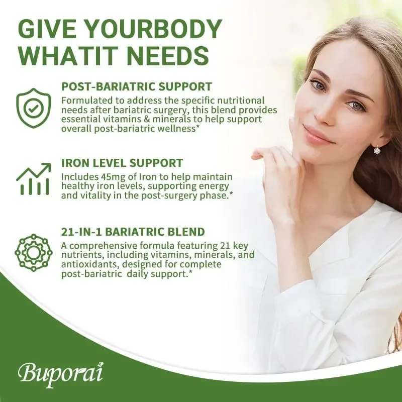 Bariatric Multivitamin Supplement - Maintaining Energy Levels Promote Bone and Overall Health - Contains 21 Vitamins & Minerals