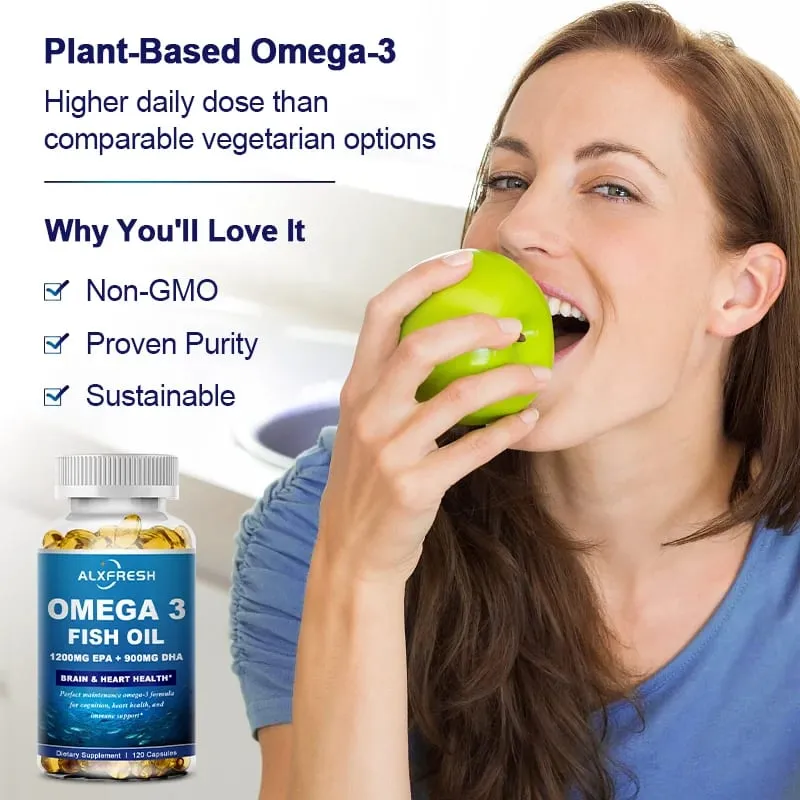 Minyak Ikan Alxfresh Wild Caught Omega 3– 120/60 Gel Lembut –3600mg Tinggi EPA 1300mg DHA 900mg Bukan GMO Makanan Tambahan Tanpa Gluten