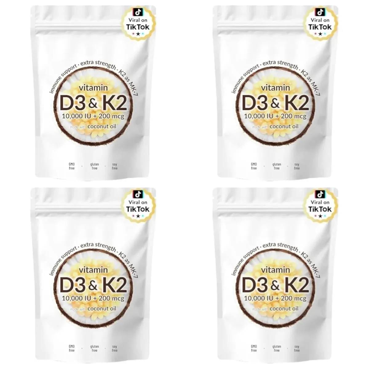 Vitamin D3 10000 IU K2 MK-7 200 mcg Softgels with Coconut Oil 2 in 1 Supports Strong Bones Immune Function Heart Health 300 Ct