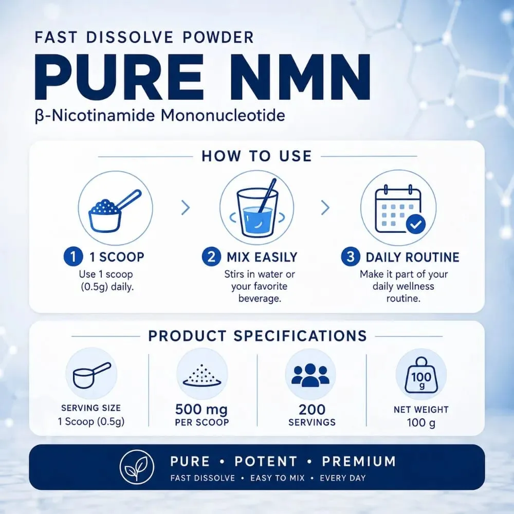 Pure NMN Powder 100g NAD+ Booster Nicotinamide Mononucleotide 500mg Fast Dissolve Anti Aging Cellular Energy Supplement Non-GMO