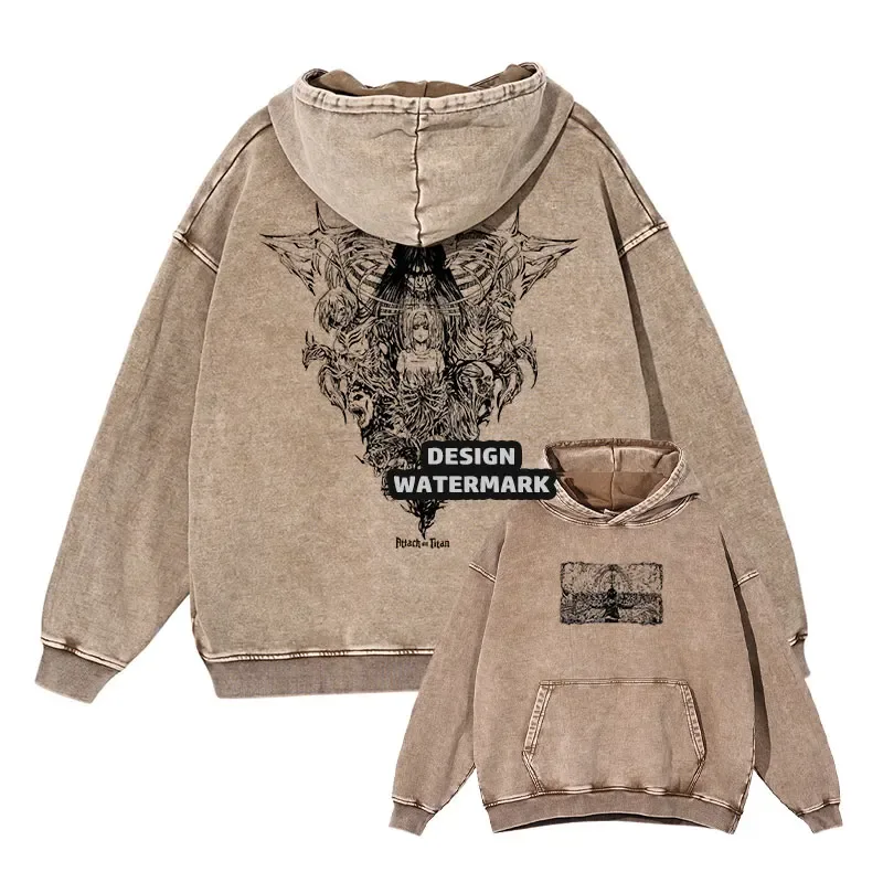 Anime Levi Hoodies Vintage Washed A-Attack on Titan Hoodie Casual Manga Yeager Eren Kapuzenpullover Titan Attack Pullover