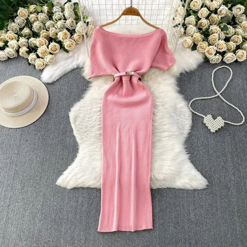 Summer Women Slash Neck Sundress Asymmetry Batwing Sleeve Knitted Dress High Waist Bodycon Solid Color Slit Dress Outfits