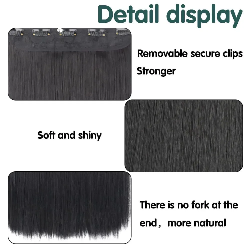 Cabelo longo e reto sintético, 5 clipes de extensão, clipes em fibra de alta temperatura, preto, marrom