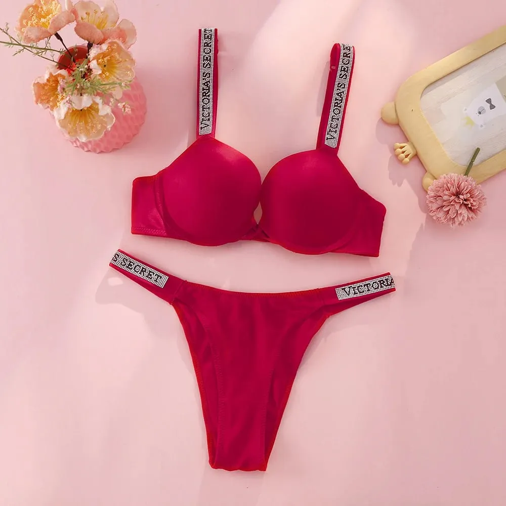 VS Very Sexy Logo Shine Strap Tropical Floral Push Up Bra Shine Script Thong Panty Victoria Secret Sexy Lingerie Set