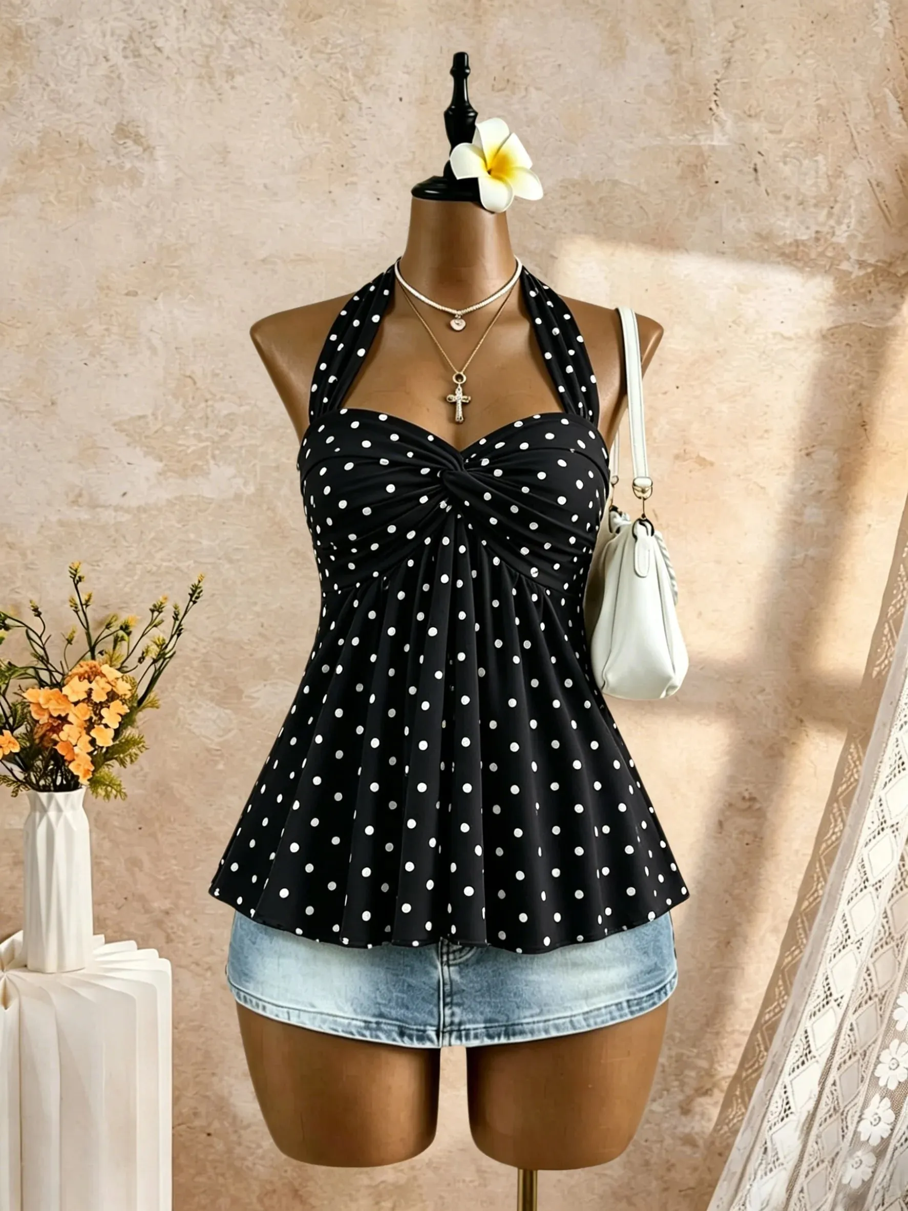 Women Halter Twist Front Sweetheart Neck Flared Peplum Camisole 2026 Summer Y2K Solid White Sleeveless Flowy Beach Vacation Tank