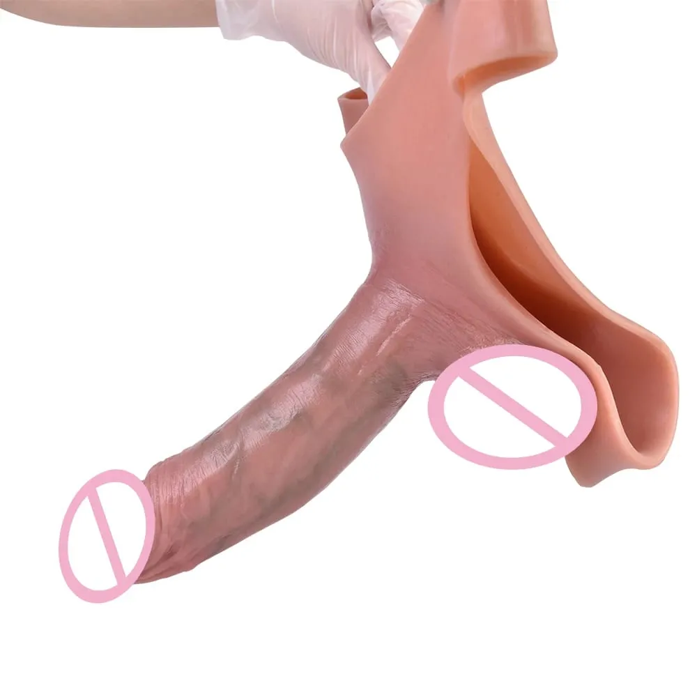 Hollow Dildo Pantalon Pakiramdam ng Balat Strapon Penis Sleeve Panties na May Tunay na ugat ng Lalaki Reusable Condom Dick Enlargement Sex Toy