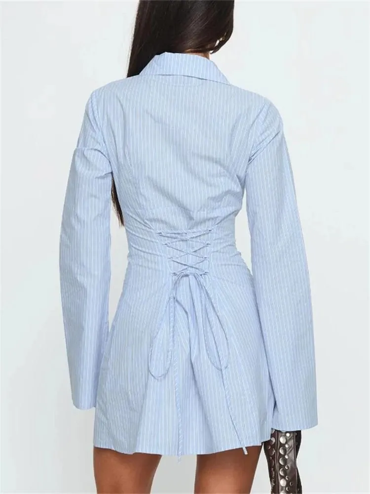 Summer Women's Y2K Shirt Dress Slimming Waist Maikling Skirt Mini Dress High Waistline Flirty Style Full Sleeve Regular Collar