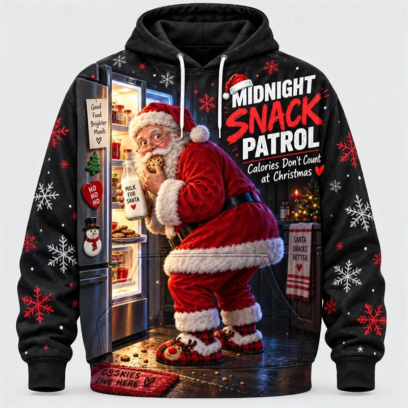 Funny Santa Christmas Hoodie 3D Print Karaoke Sleigh Repair Laundry Snack Holiday Party Pullover Winter Streetwear Gift