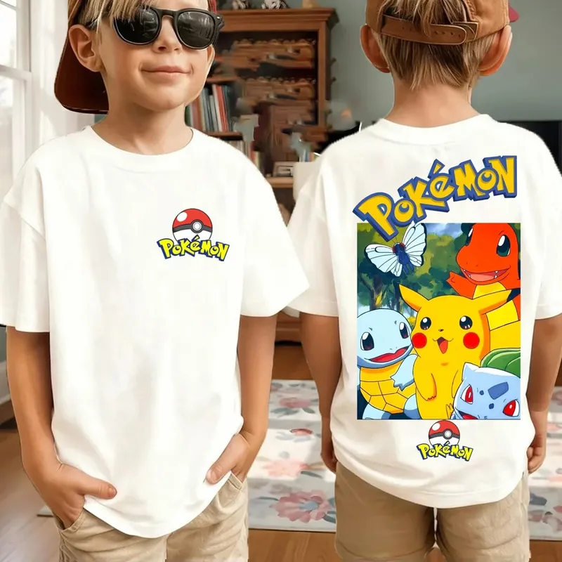 Summer Pokémon AnimeT-shirts Boys Pure Cotton Short-sleeved Top Casual Suitable for Both Boys and Girls Parent-child Outfits.