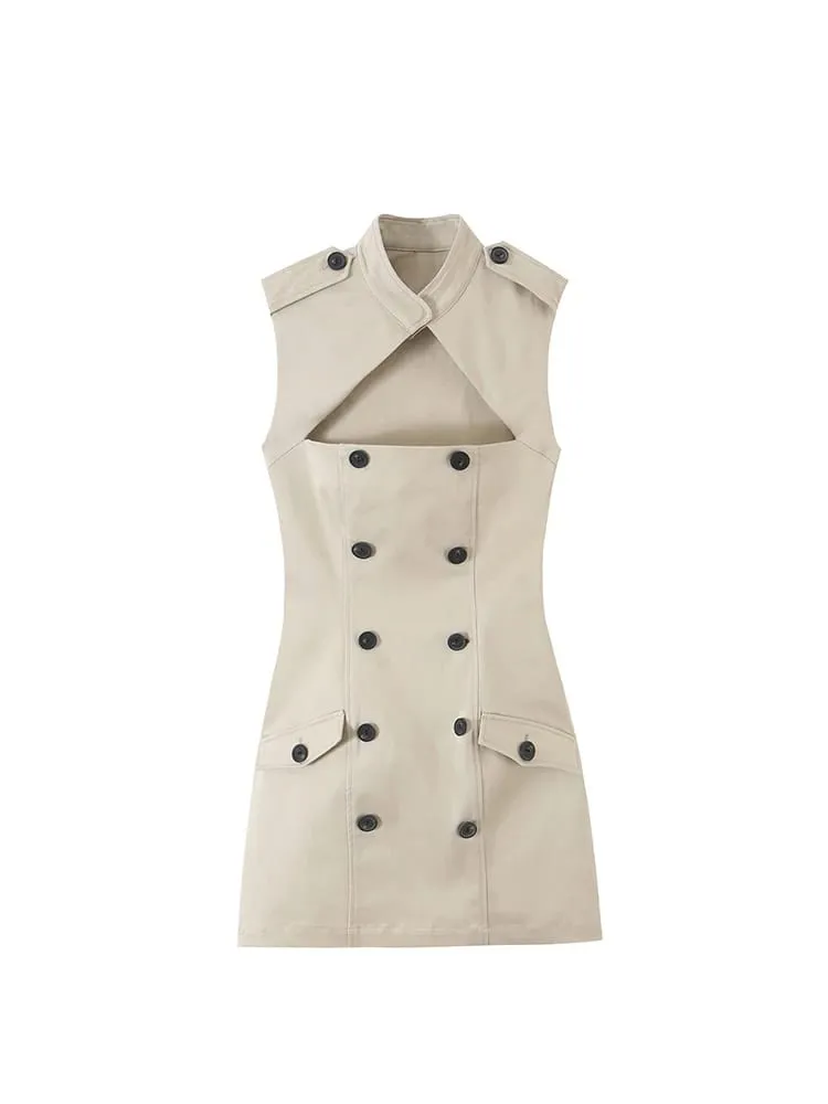 New Women Hollow Out Dress Sleeveless Solid Slim Fashion Trench Mini Dresses Sexy Club Street Style Trendy Partywear