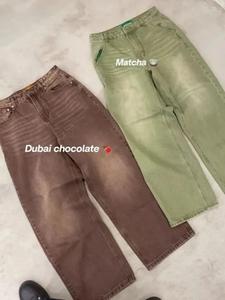 Nam Chân Thẳng Ống Rộng Áo Dạo Phố Quần Jean Thời Trang Xanh Matcha Rửa Sạch Gradien Quần Denim Bông Tai Kẹp Unisex Dáng Rộng