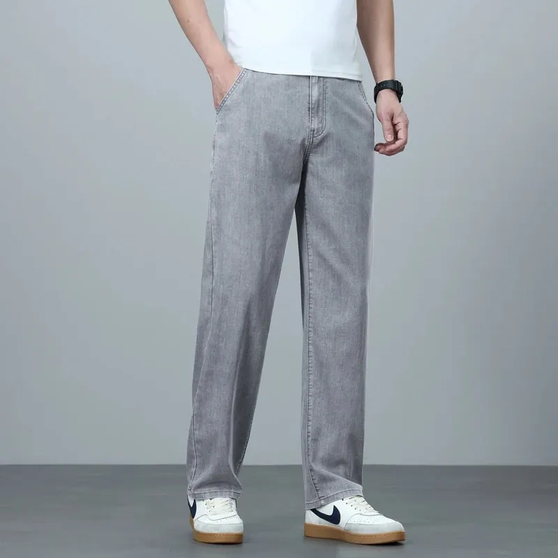 High Quality Spring Summer Lyocell Men's Jeans Loose Straight Wide Leg Casual With Slant Pockets Trousers Male Plus Size 40