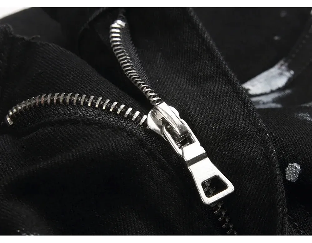 Men Painted Slim Tapered Jeans Punk Zipper Black Stretch Denim Pants Casual Streetwear Trousers