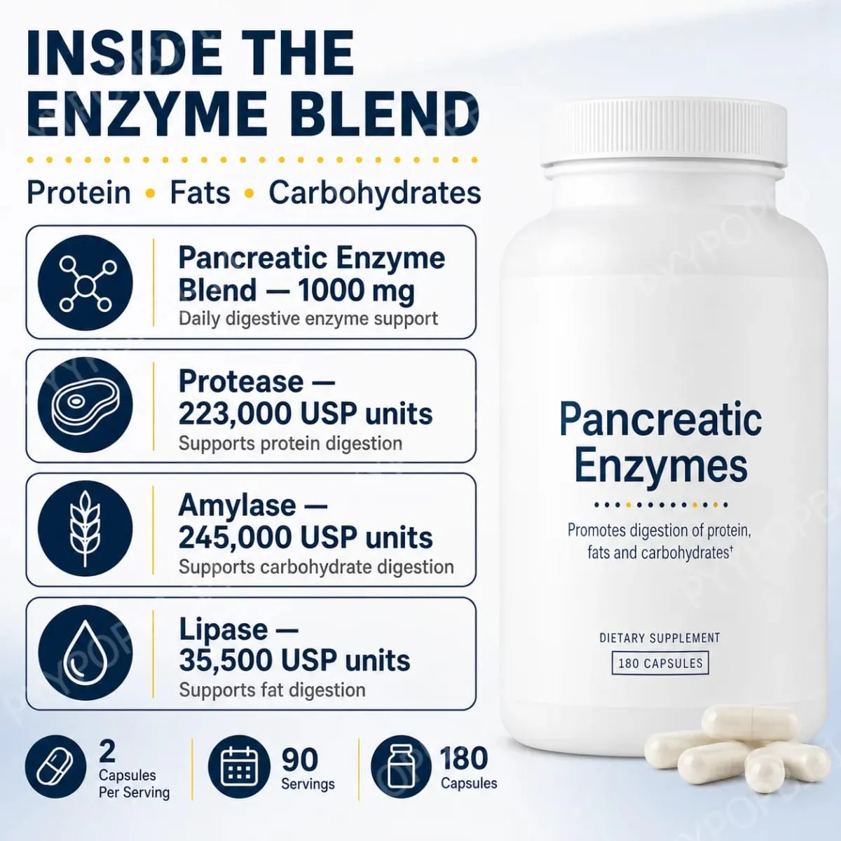 Digestive Enzyme Supplement 180 Capsules Pancreatic Enzyme Blend Protease Amylase Lipase Supports Protein Fat Carb Digestion