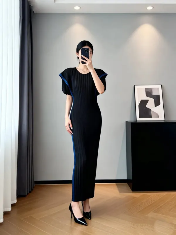 Miyake Stretch Pleated Slim Long Dress for Women Round Neck Short Sleeve Elegant Bodycon Midi Party Casual Dresses