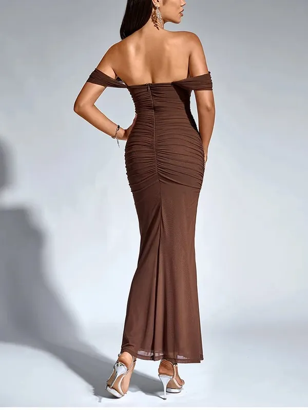NewAsia Women's Off Shoulder Ruched Mesh Long Corset Dress Backless Fishbone Bodycon Elegant Fashion Party Club Maxi Dresses — image 2