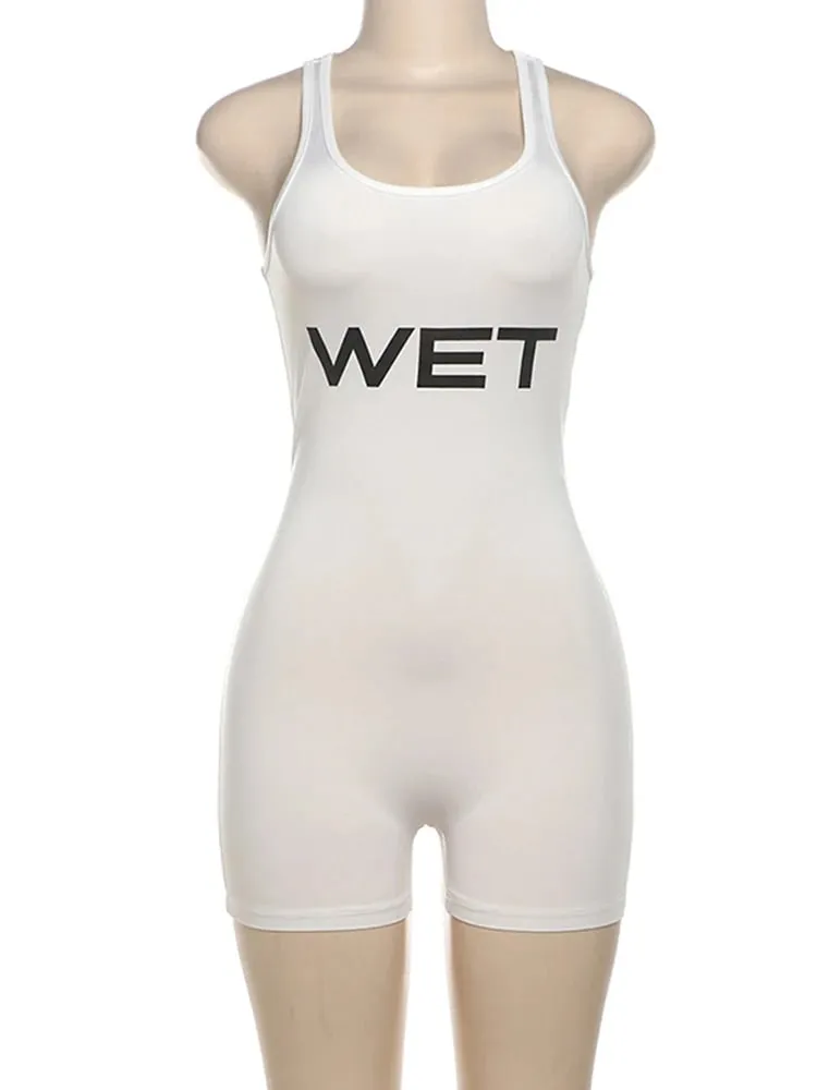New 2025Summer Women Sexy Sport Romper Subtranslucent Slim Playsuits Letter Printed White Women'S Raceback Sleeveless