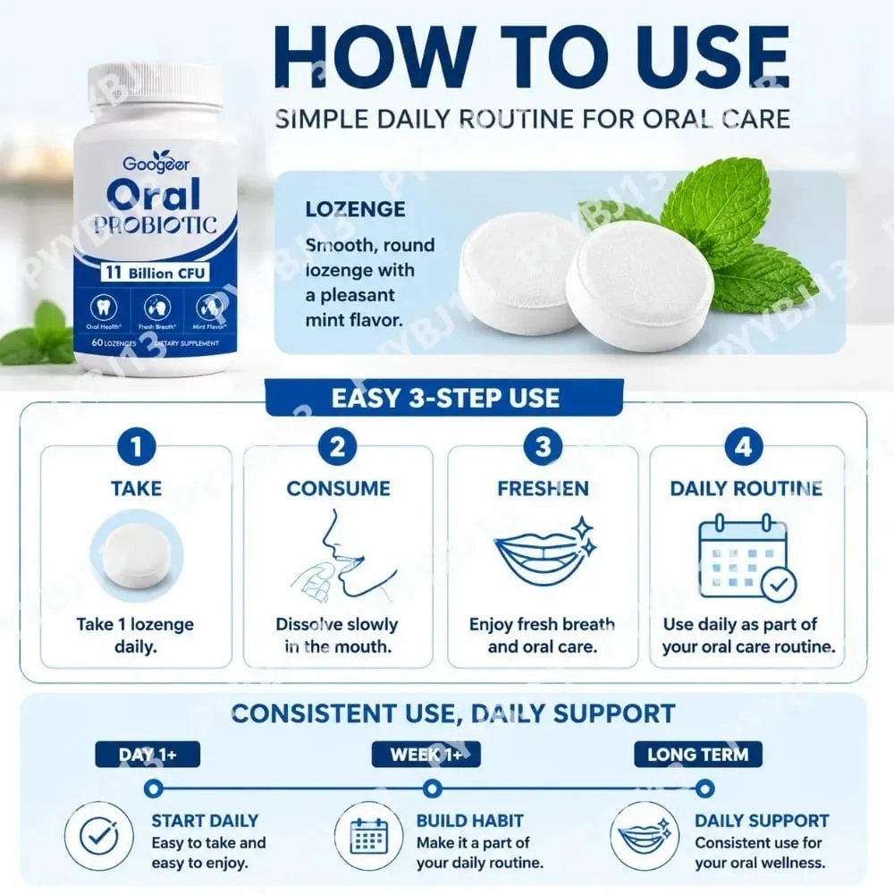 Googeer Oral Probiotic Lozenges 11 Billion CFU with L. reuteri S. salivarius and L. rhamnosus for Daily Fresh Breath 60 Count