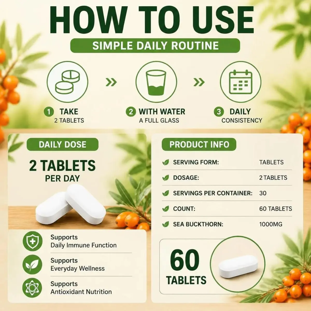 Docteat Sea Buckthorn 1000mg Tablets Daily Immune Function Support Antioxidant Nutrition Vitamin C Zinc Vitamin D3 60 Tablets