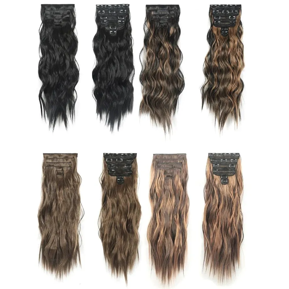 6PCS Clip in Hair Extensions Honey Blonde Mixed Light Brown 24 Inch Long Water Wavy Synthetic Hair Extensions For Women Use