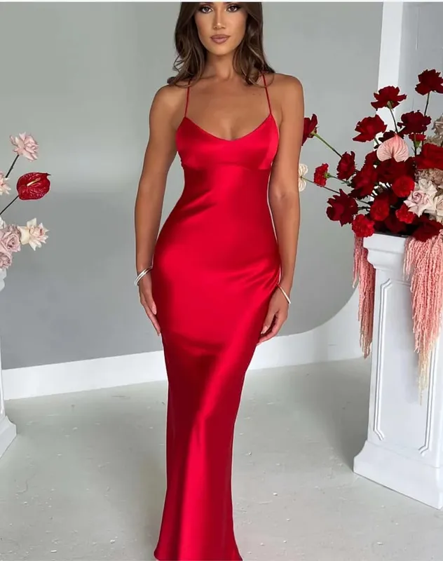 New Fashion Backless Women's Evening Dresses Slash Neck Spaghetti Strap Satin Dress Spring and Summer High Waist Slim Lady Dress