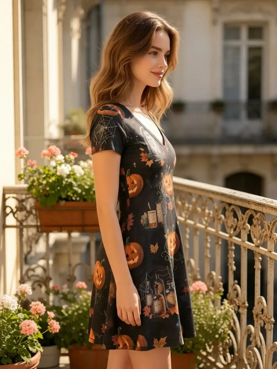 Vestido feminino com decote em V, manga curta, estampa floral, corte descontraído, minivestido de verão para estilo diário, viagens, feriados e eventos