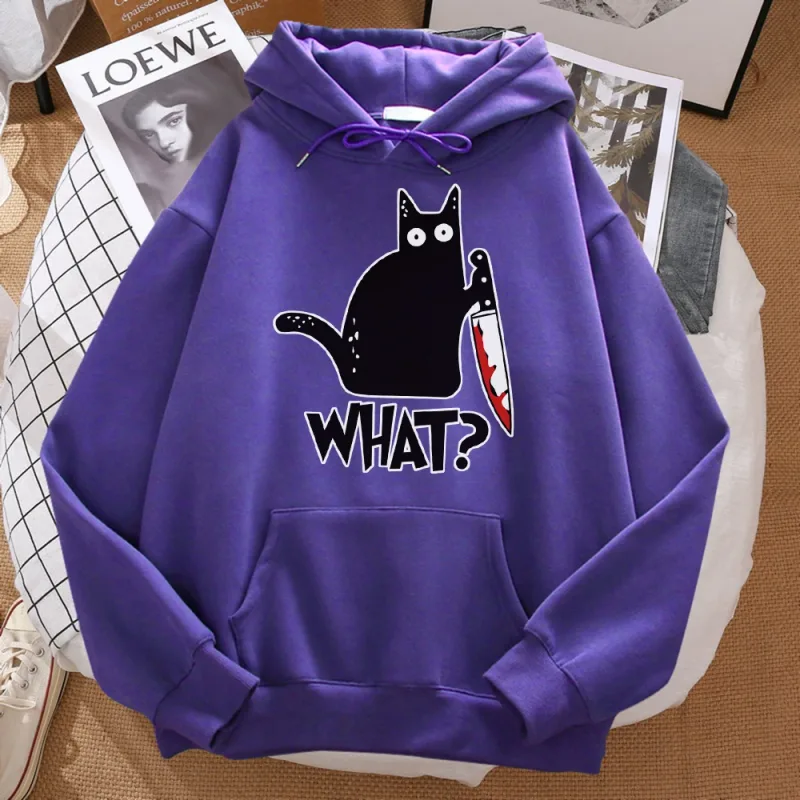 What Cute Little Black Cat Holding A Knife Men Hoodie Street Fleece Hoody Hipster Autumn Sweatshirt Hip Hop Clothing Woman