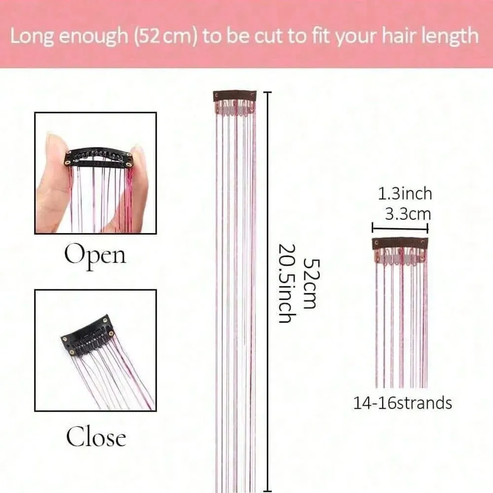 12Pcs Hair Tinsel Clip In 19.7" Glitter Tinsel Hair Extensions Synthetic Clip In Sparkle Hair Accessories For Kids Girls Women