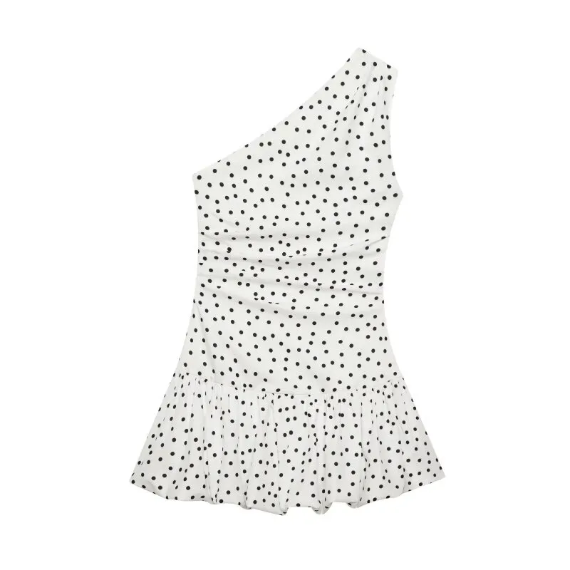 Women One Shoulder Sleeveless Polka Dot Mini Dress Ruched Waist Ruffle Hem Elegant Casual Party Short Dress Spring Summer