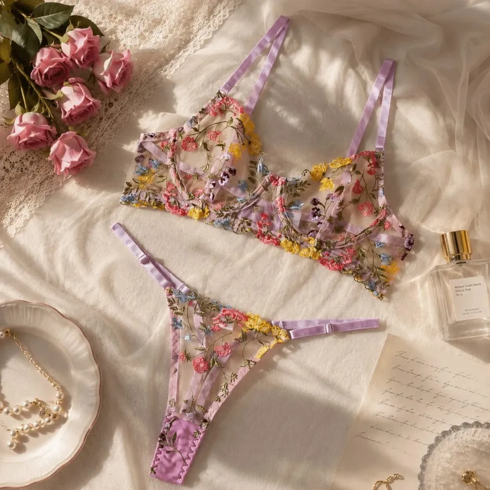 Bohemia Transparent Lingerie Set Ultra-thin Push Up Embroidery Floral Underwear Elegant Panties Bra Set Valentine's Day