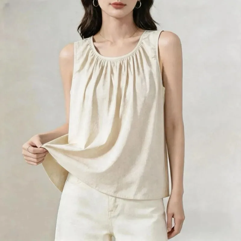 Street Casual Pleated Solid Simplicity All-match Tops Summer New Sleeveless Loose Elegant T Shirts Fashion Trend Women Clothing