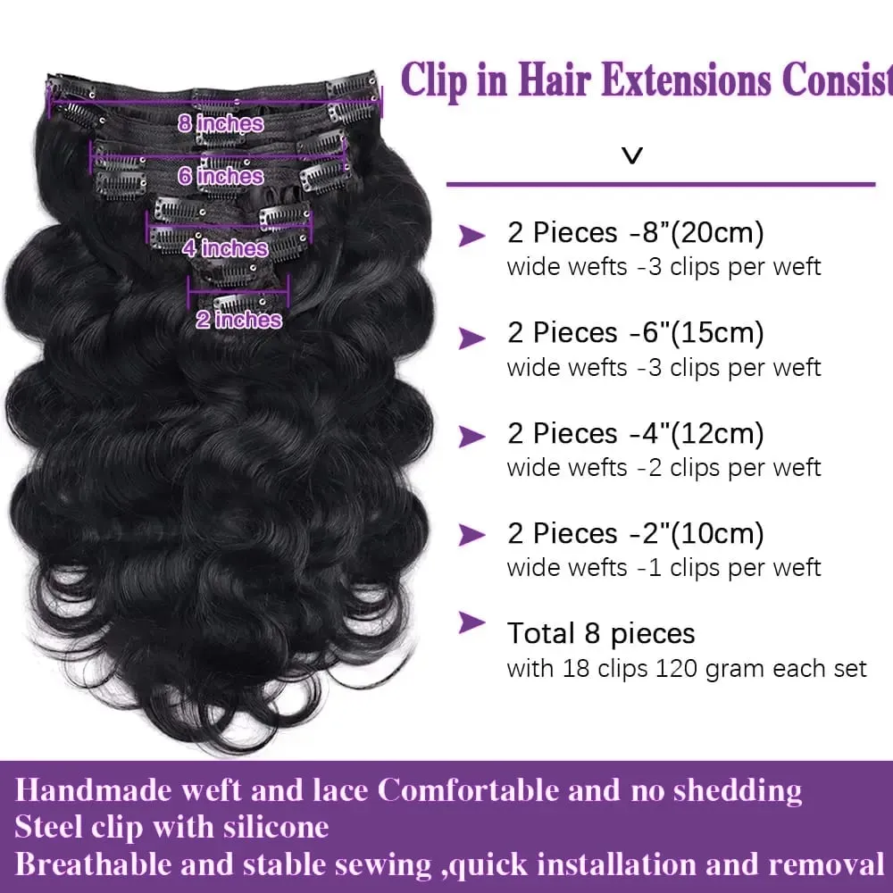 Clip In Hair Extensions Body Wave 8Pcs Clip In Human Hair Extensions Natural Black Remy Skin Weft Hair Extensions For Salon