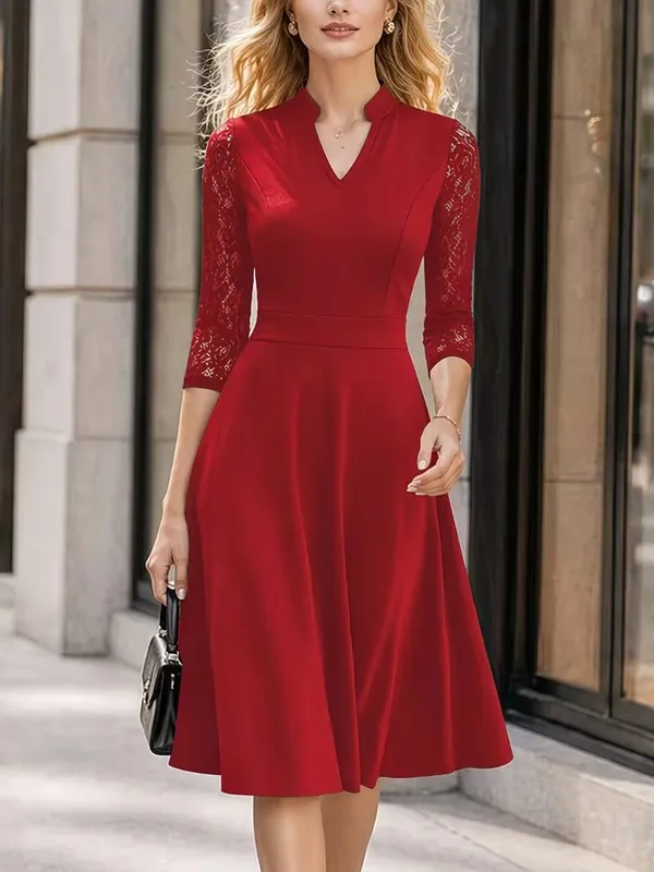 Women Sexy V-Neck Lace 2/3 Sleeve Summer Work Office Knee Length Base Show Thin Temperament Fit And Flare Swing A-Line Dress