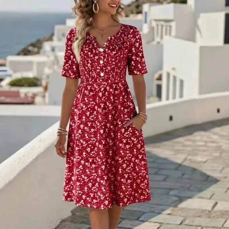2026 New Summer Floral Print V Neck Midi Dress Short Sleeve Dresses For Women Retro Casual Button Pocekts Ladies Dress Vestidos