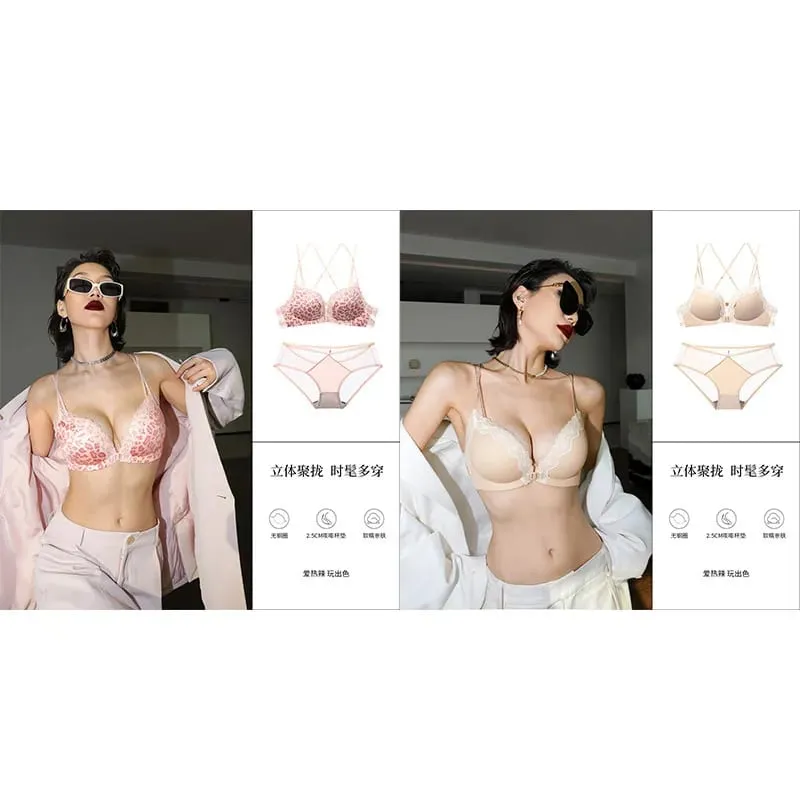 Victoria Style MOYISU Pink Leopard Wireless Bra Set Front Hook Design Push Up Bralette Sexy Back Lingerie To Boost Small Bust